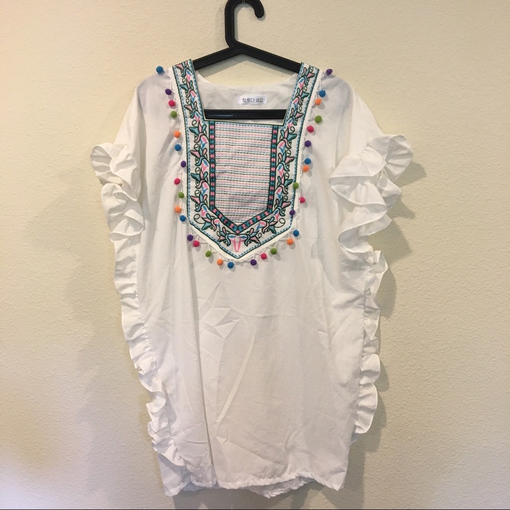 White Swimsuit Cover-up Tunic with Ruffles and Pom Poms, Size: S / M